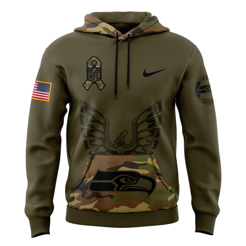 Men’s Seattle Seahawks Nike Camo 2024 Salute to Service Club Fleece Pullover Hoodie V2 - Image 2
